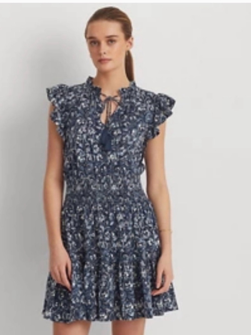 Ralph Lauren Floral Ruffle Sleeve Navy Jersey Dress with Tassels‎